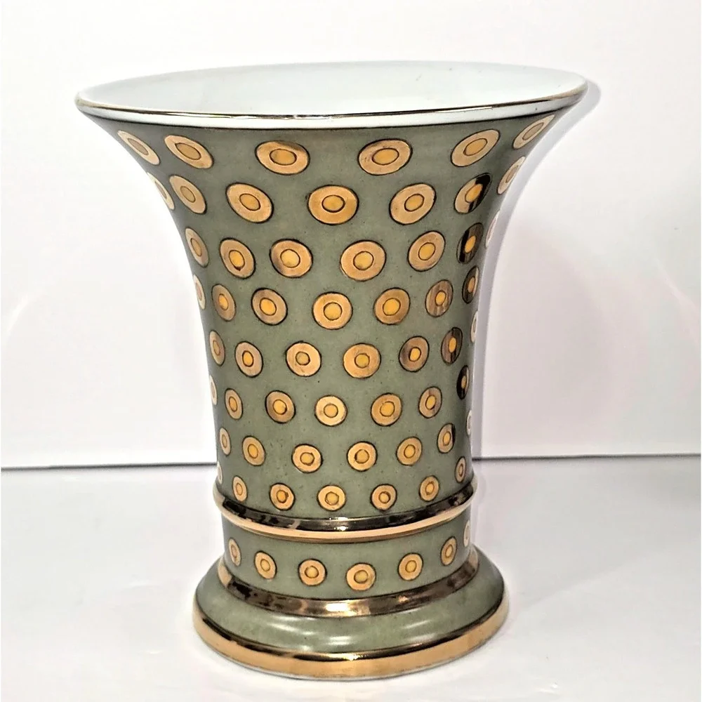 Japanese Art Pottery‎ Vase Olive Green Gold Geometric 8
